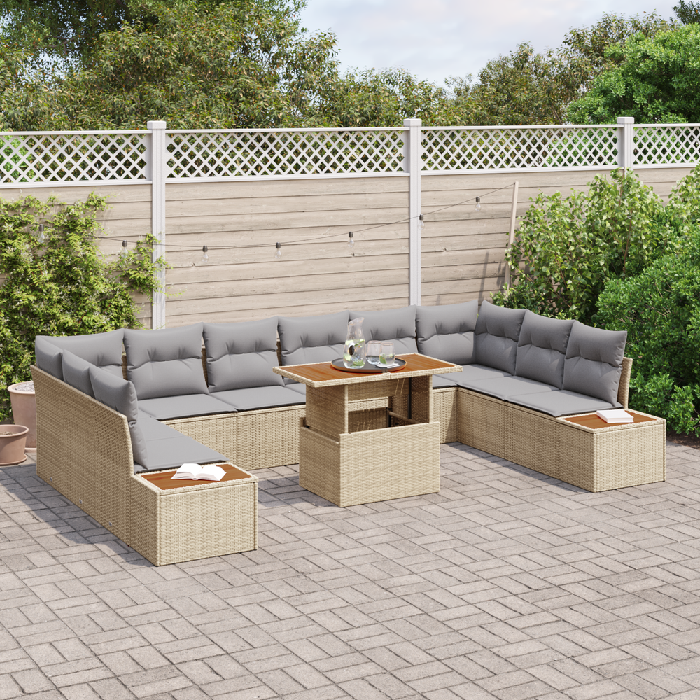 11-piece garden dining set with cushions, beige poly rattan and acacia wood