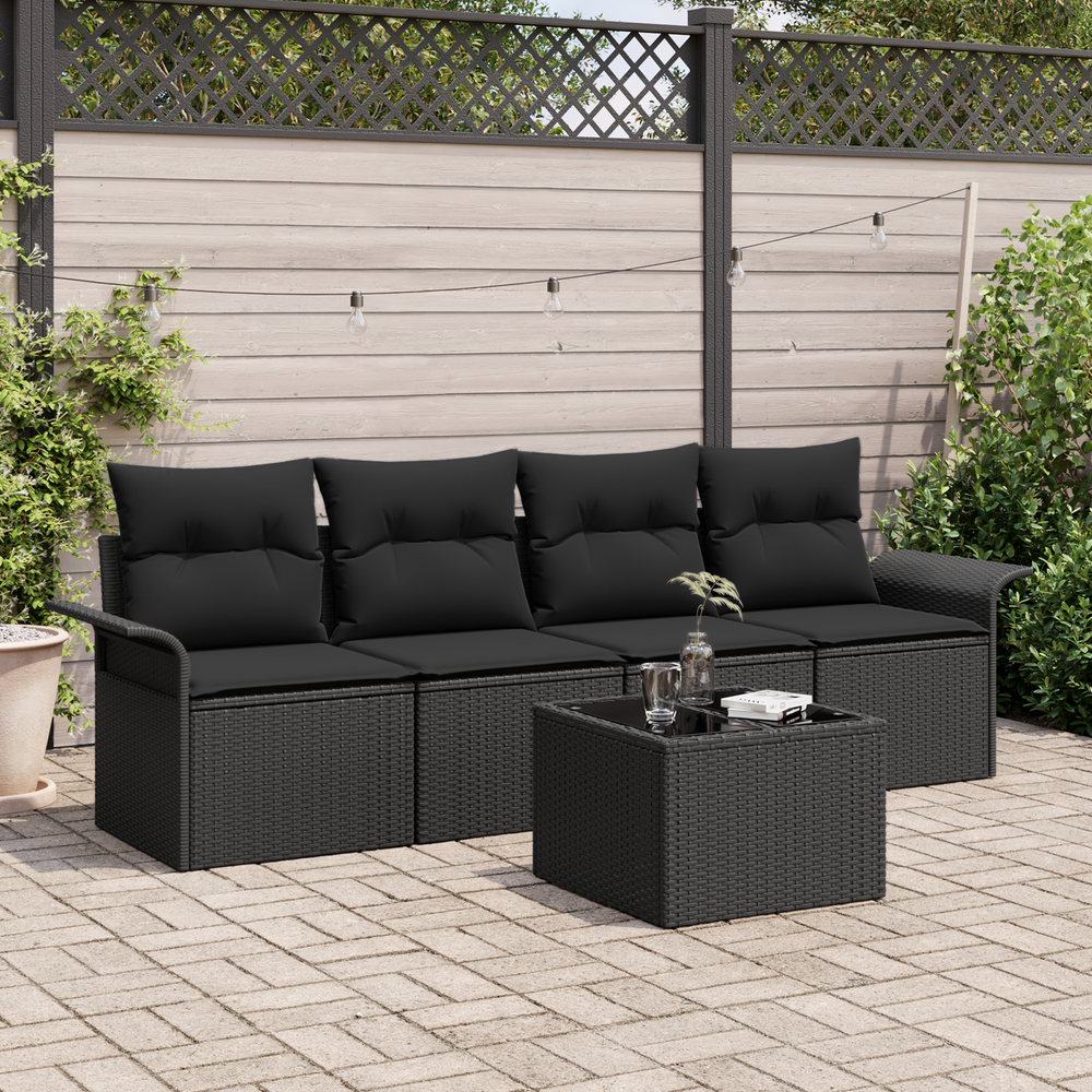 5-piece garden sofa set with cushions. Black poly rattan.