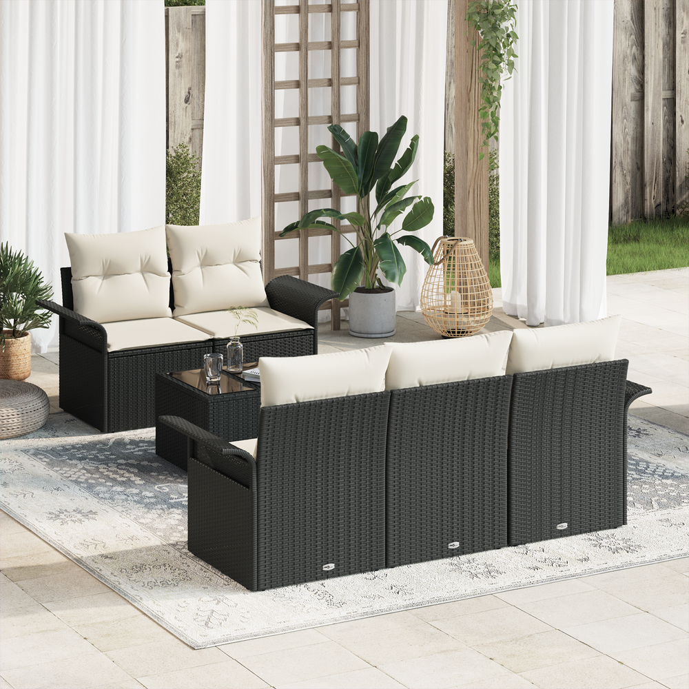 6-piece Garden Sofa Set with Cushions, Black Poly Rattan