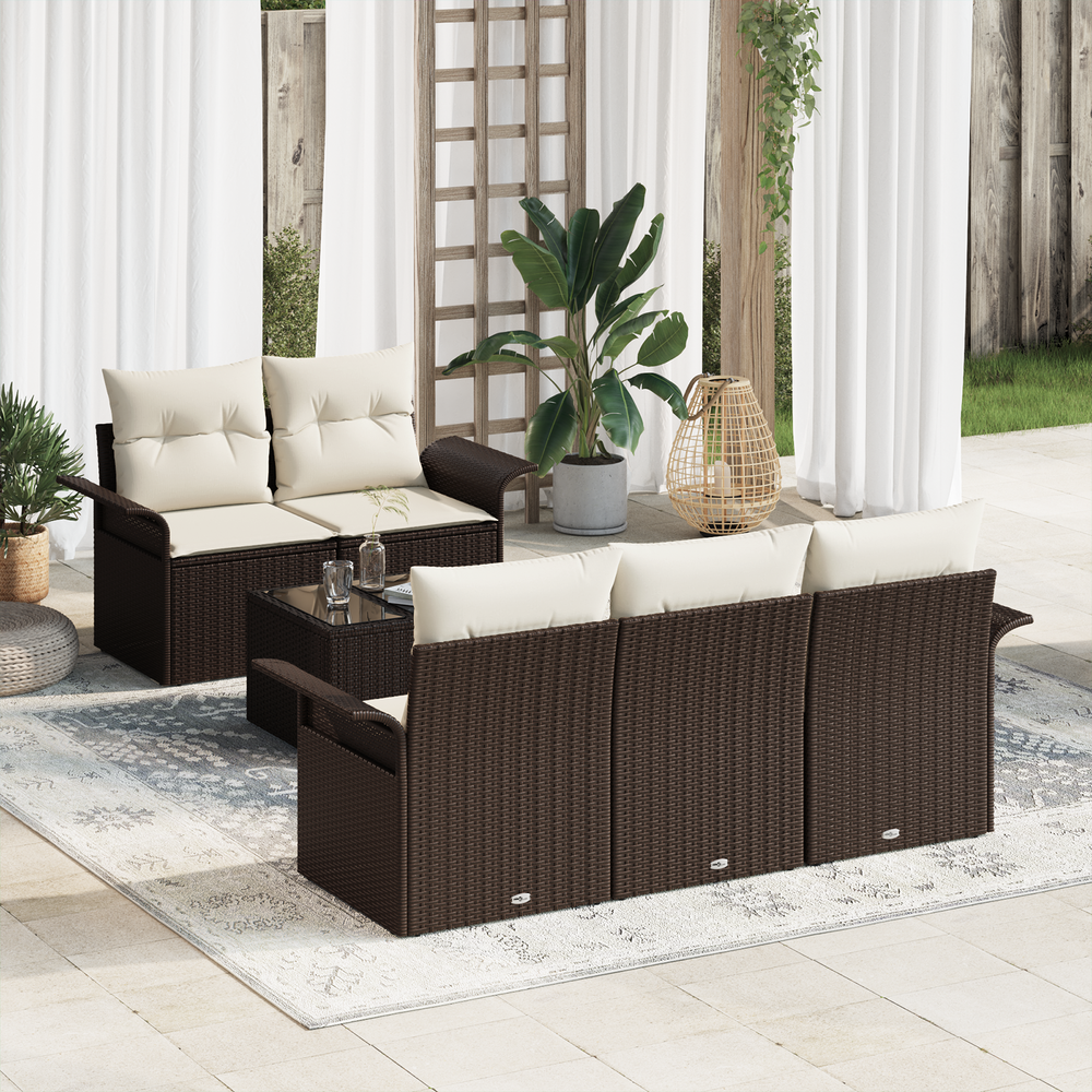 6-Piece Garden Sofa Set with Cushions, Brown, Poly Rattan