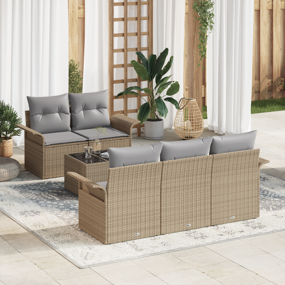 6 Piece Garden Sofa Set with Beige Poly Rattan Cushions