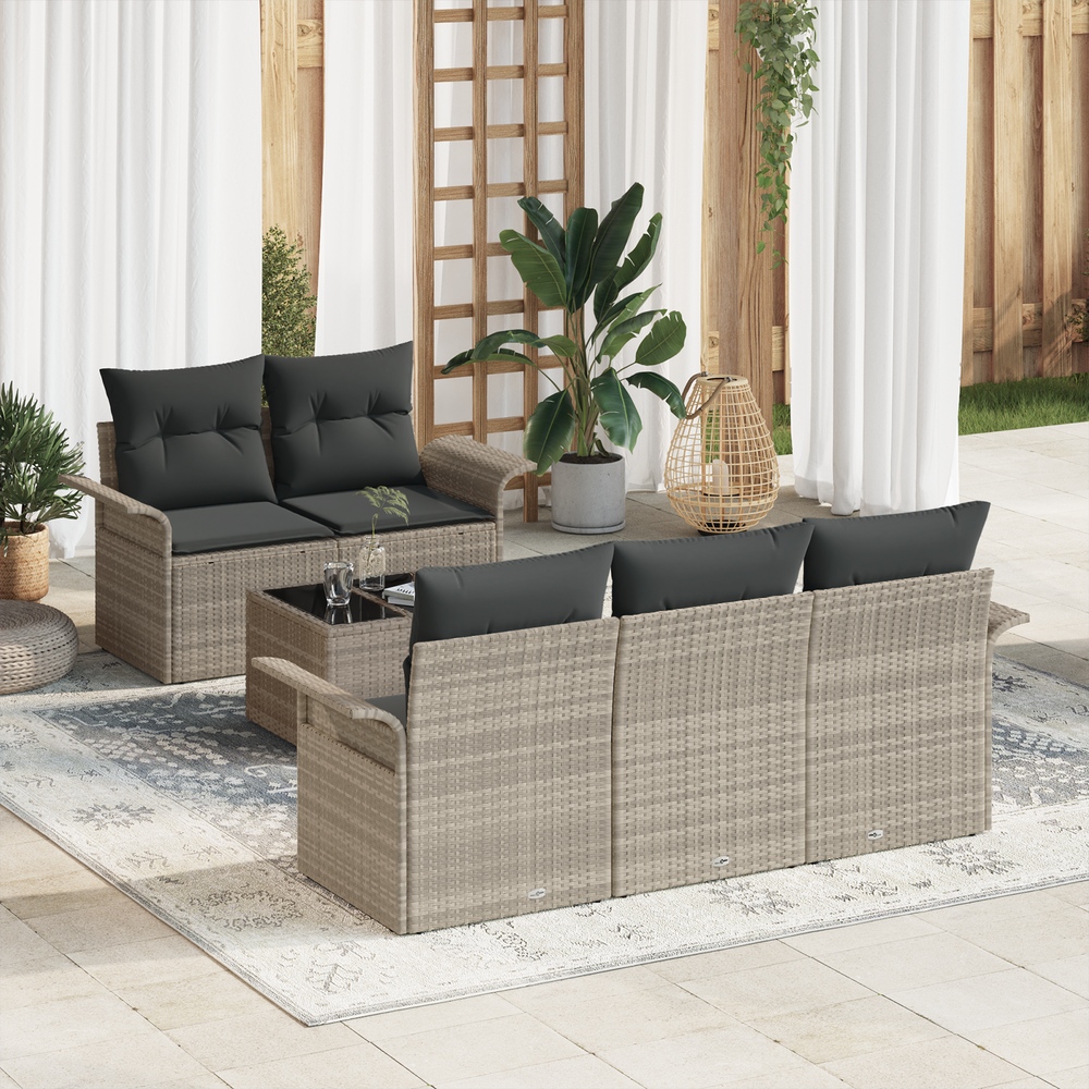 6-piece garden sofa set with light grey cushions made of poly rattan