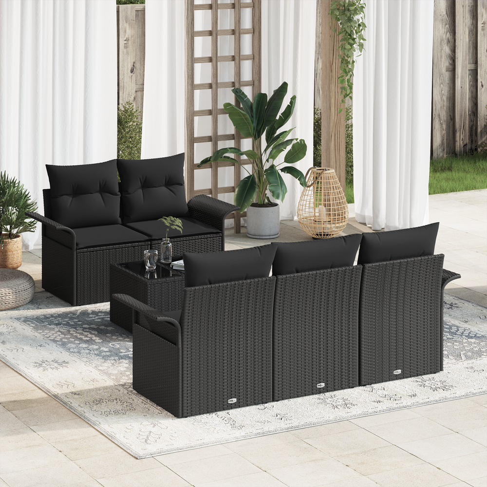 6-piece garden sofa set with black cushions, poly rattan