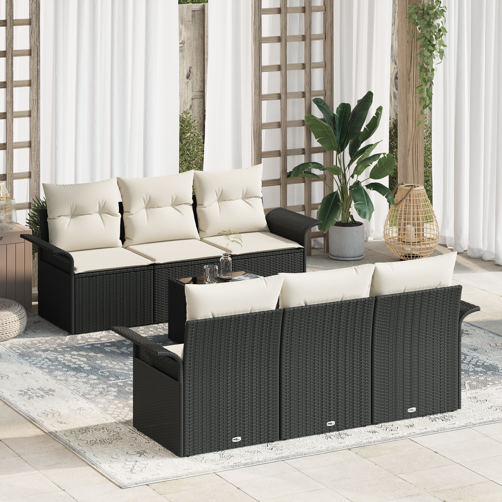 7-piece garden sofa set with cushions black poly rattan