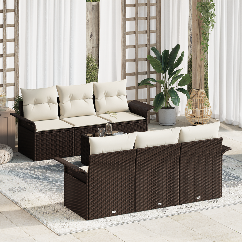 7-piece garden sofa set with cushions in brown poly rattan