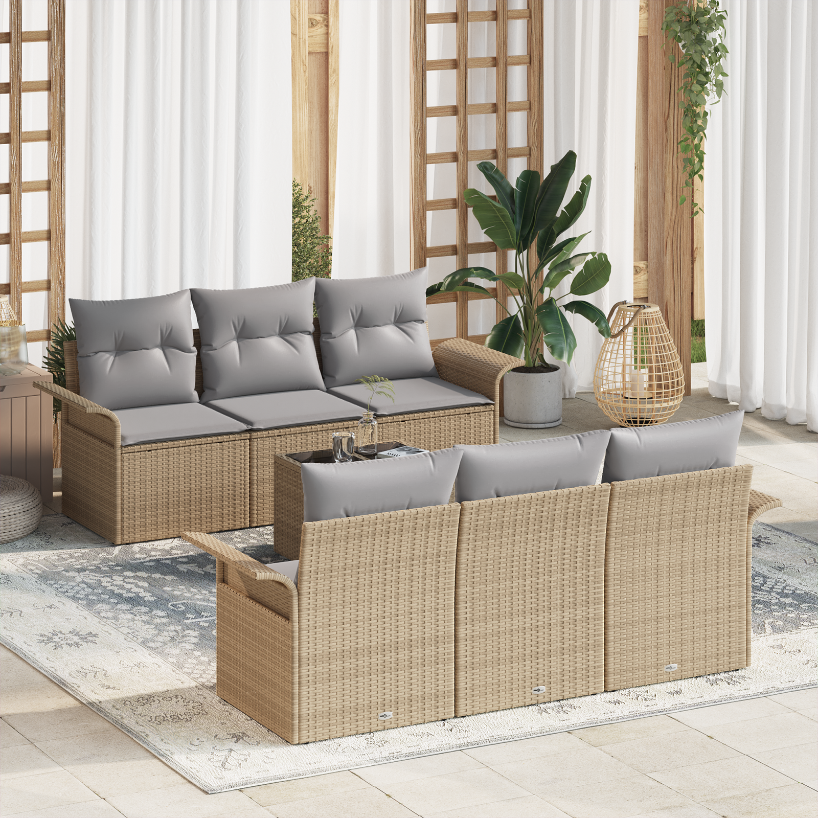 7 dalių sodo sofų komplektas su pagalvėlėmis smėlio spalvos poli rattan
