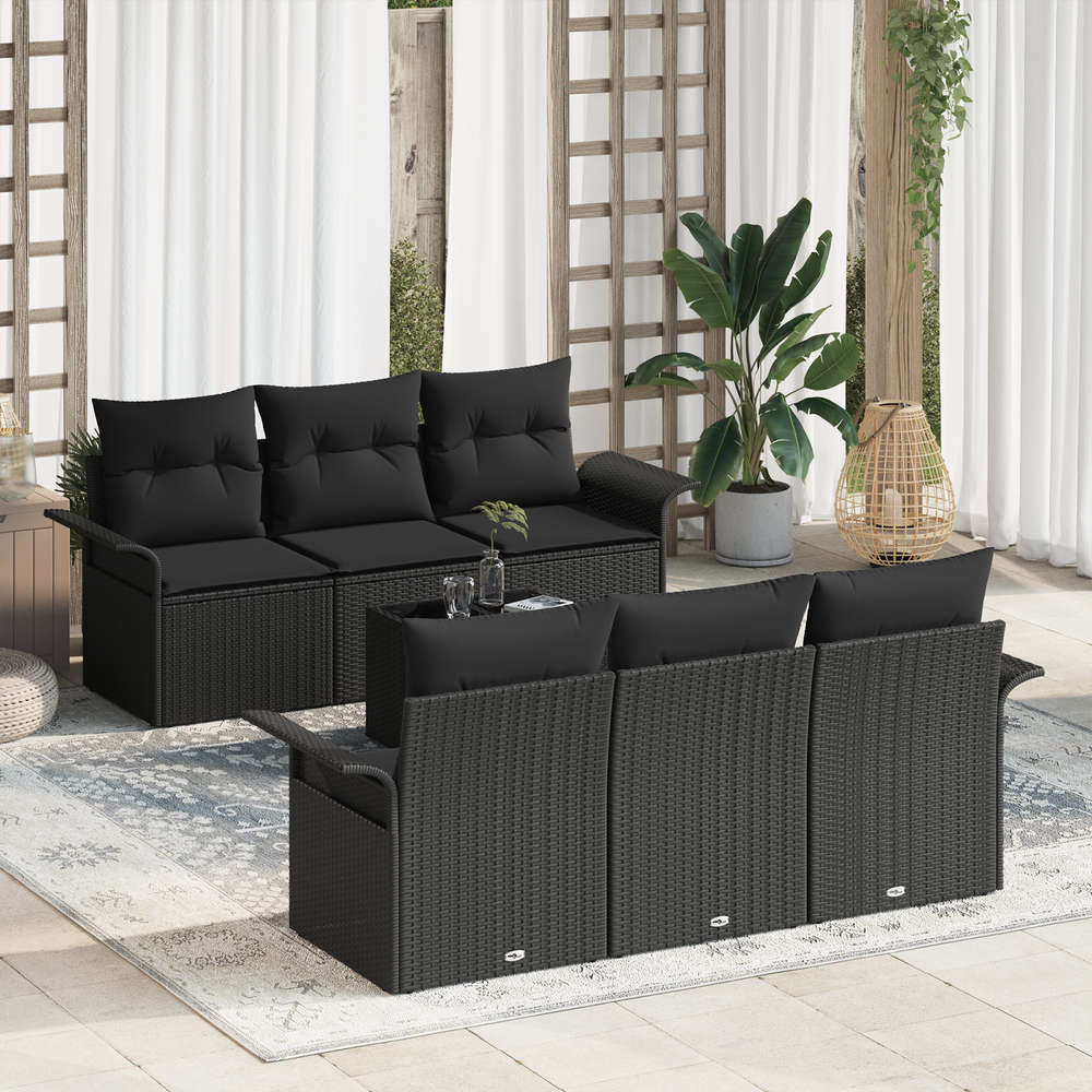 7-piece garden sofa with cushions and black poly rattan construction