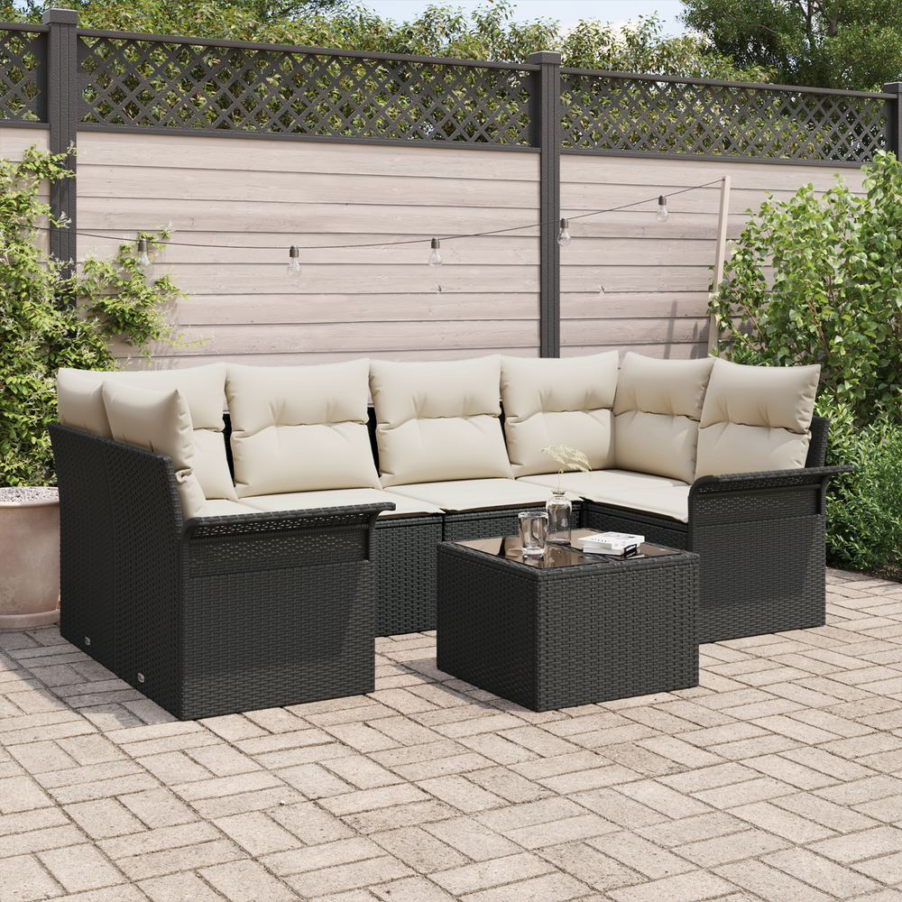 7-piece garden sofa set with cushions, black poly rattan