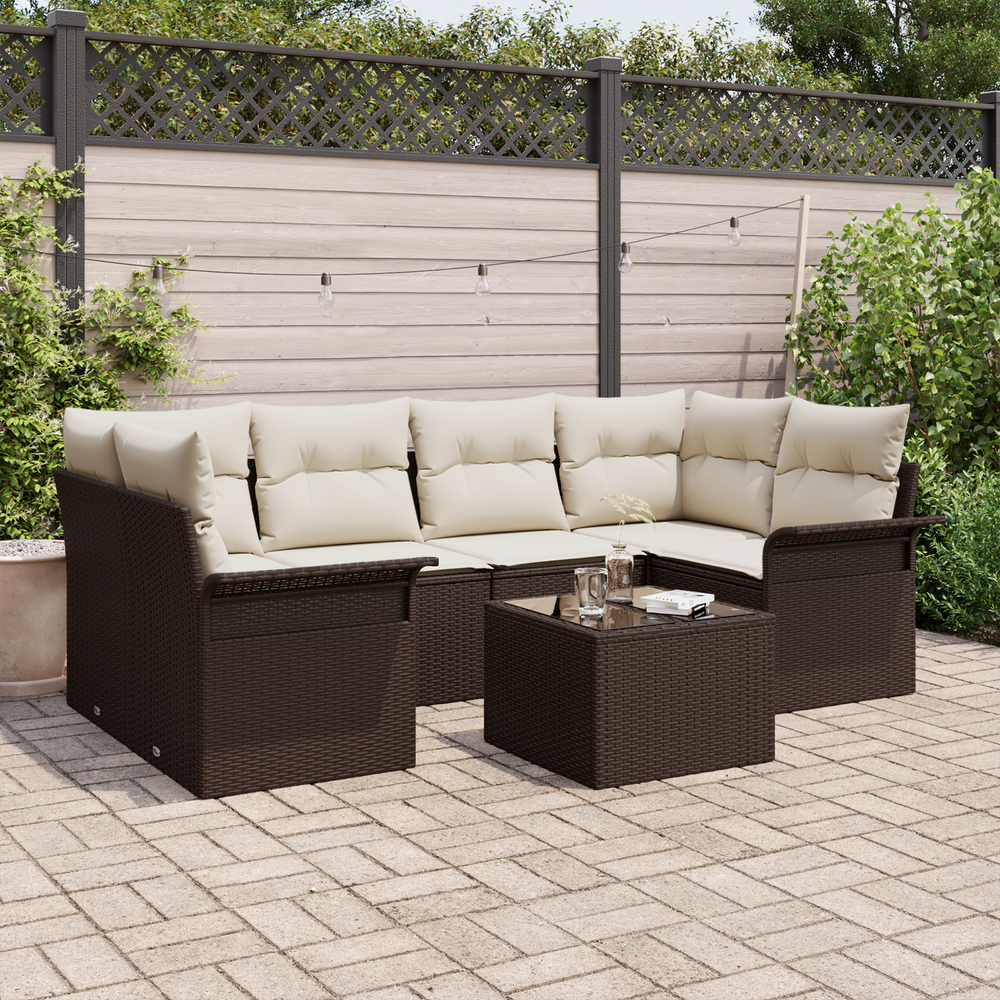 7-Piece Garden Sofa Set with Brown Cushions, Poly Rattan