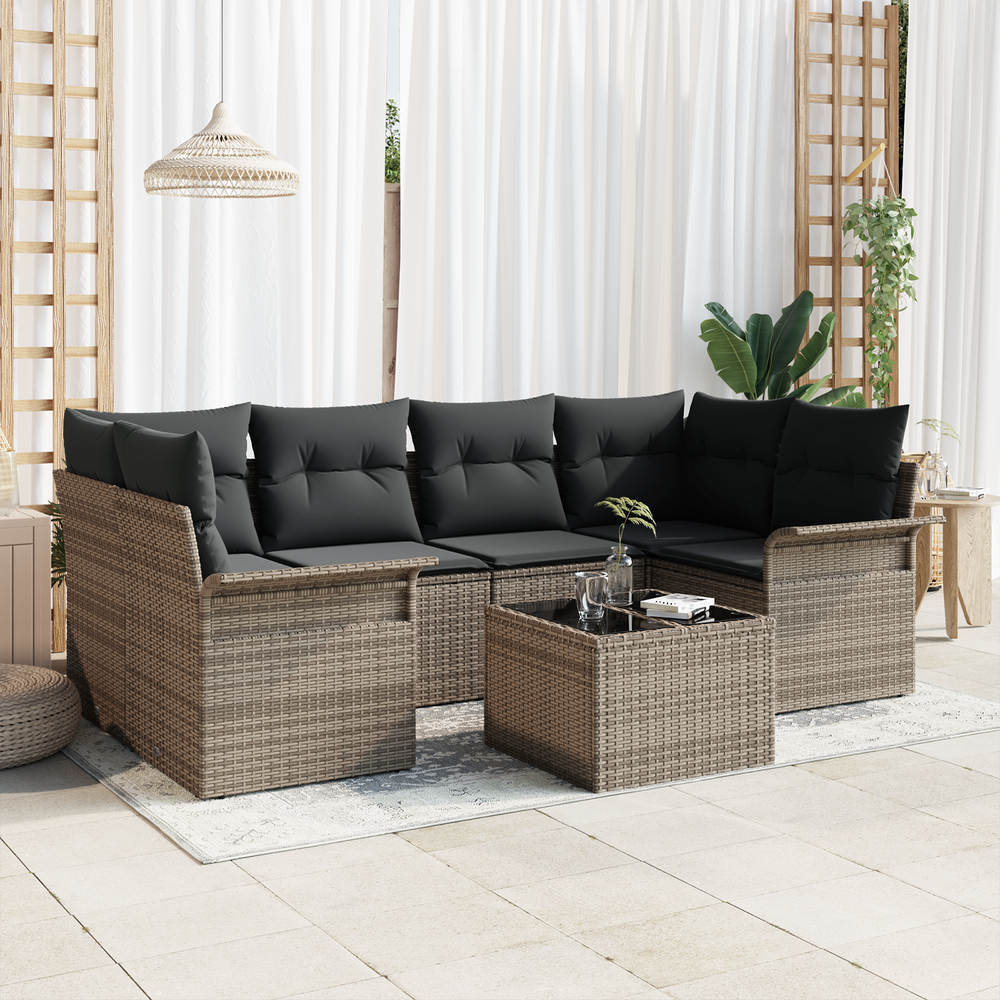 7-piece garden sofa set with grey cushions, poly rattan