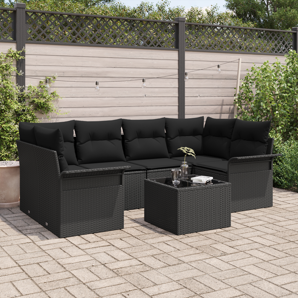 7-piece garden sofa set with cushions, black poly rattan.