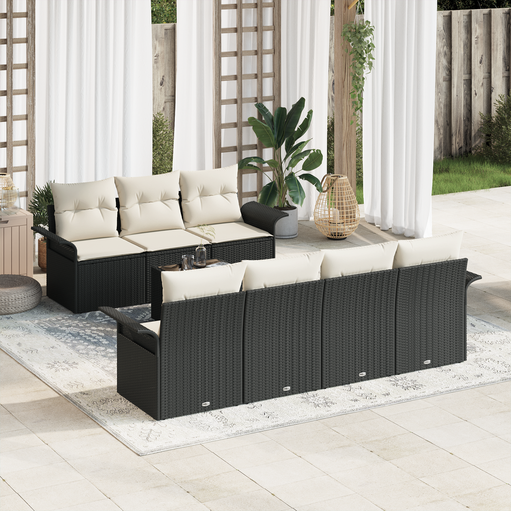 8-Piece Garden Sofa Set with Cushions, Black Poly Rattan.