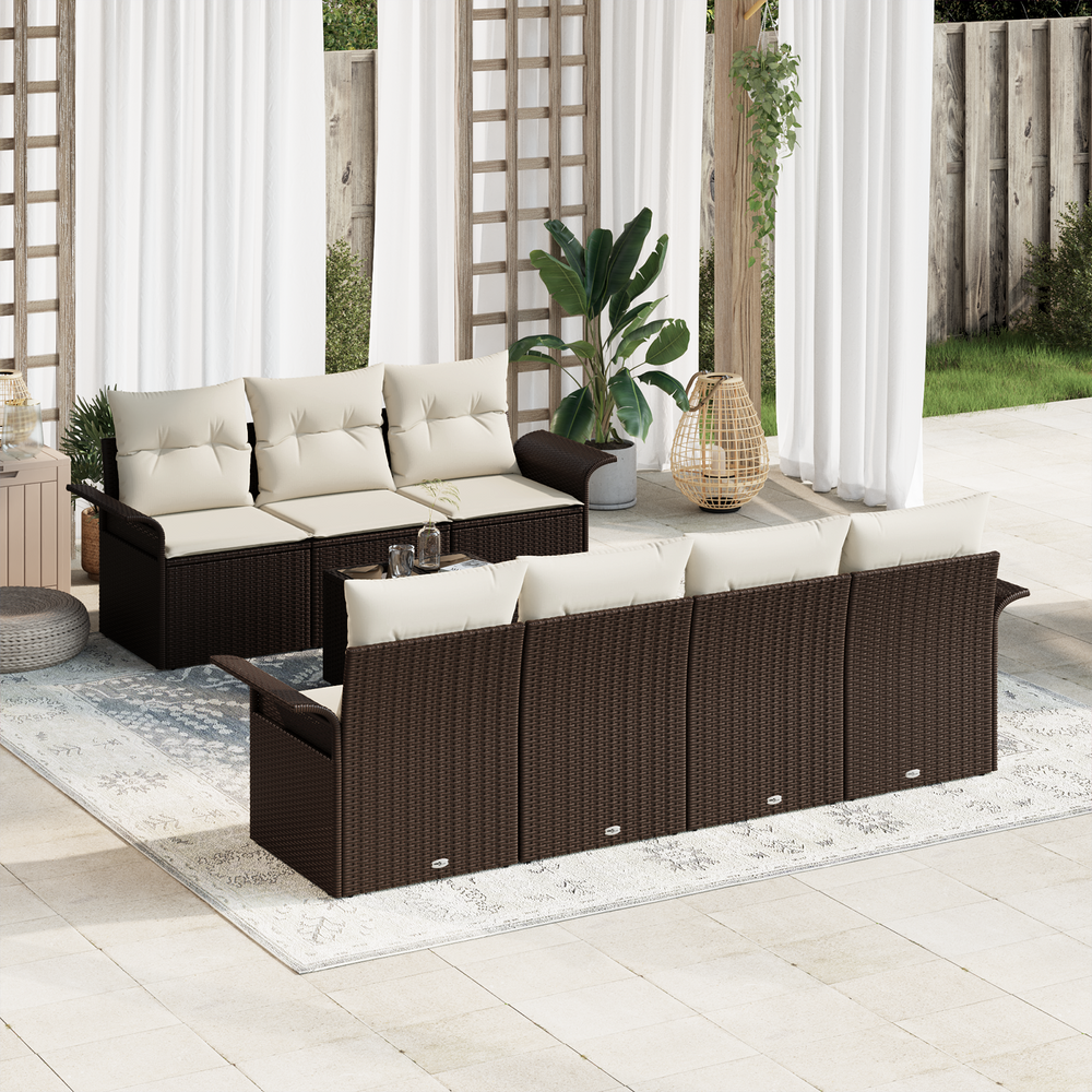 8-piece garden sofa set with cushions, brown poly rattan