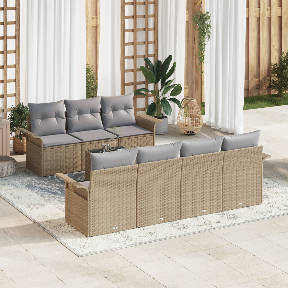 8-piece garden sofa set with cushions, sand, poly rattan