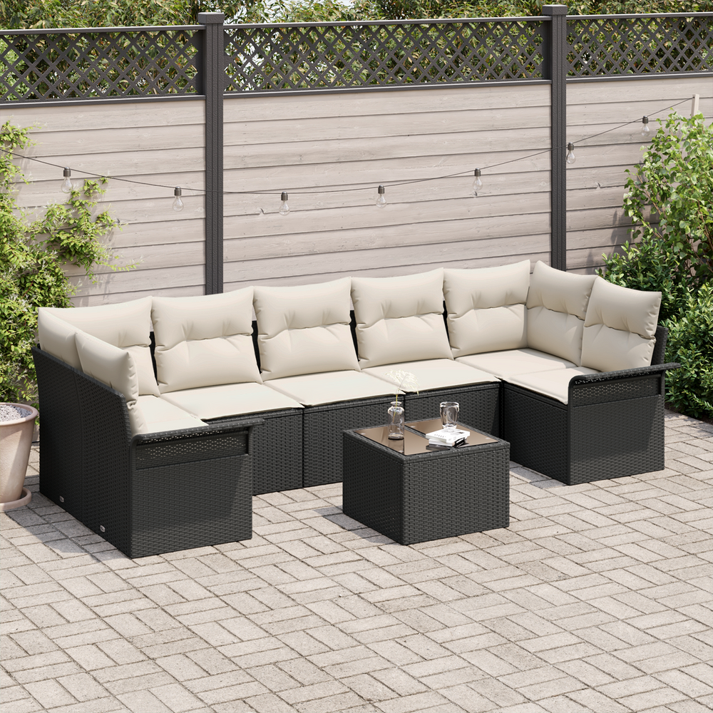 8-piece garden sofa set with cushions, black poly rattan