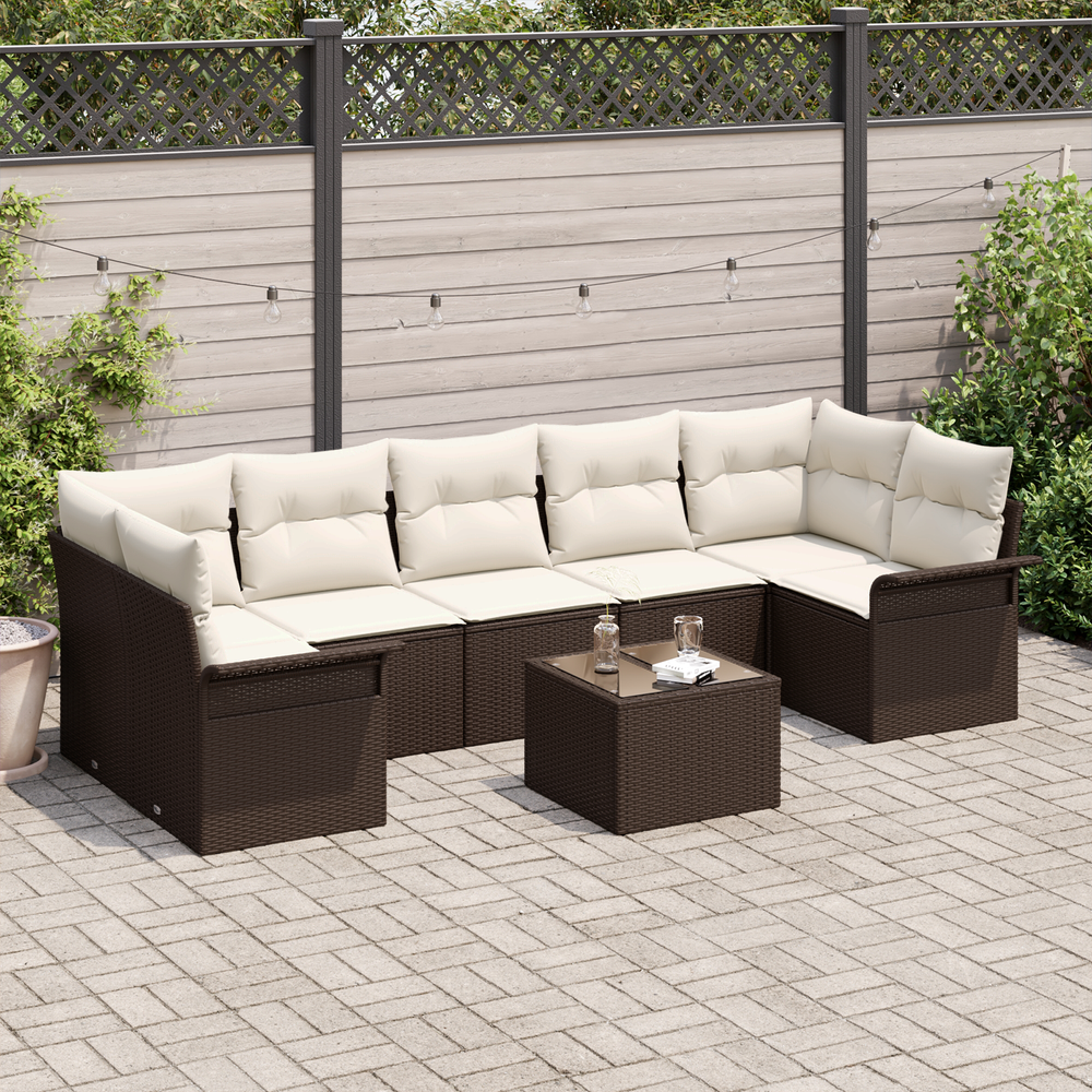 8-piece garden sofa set with cushions, brown poly rattan