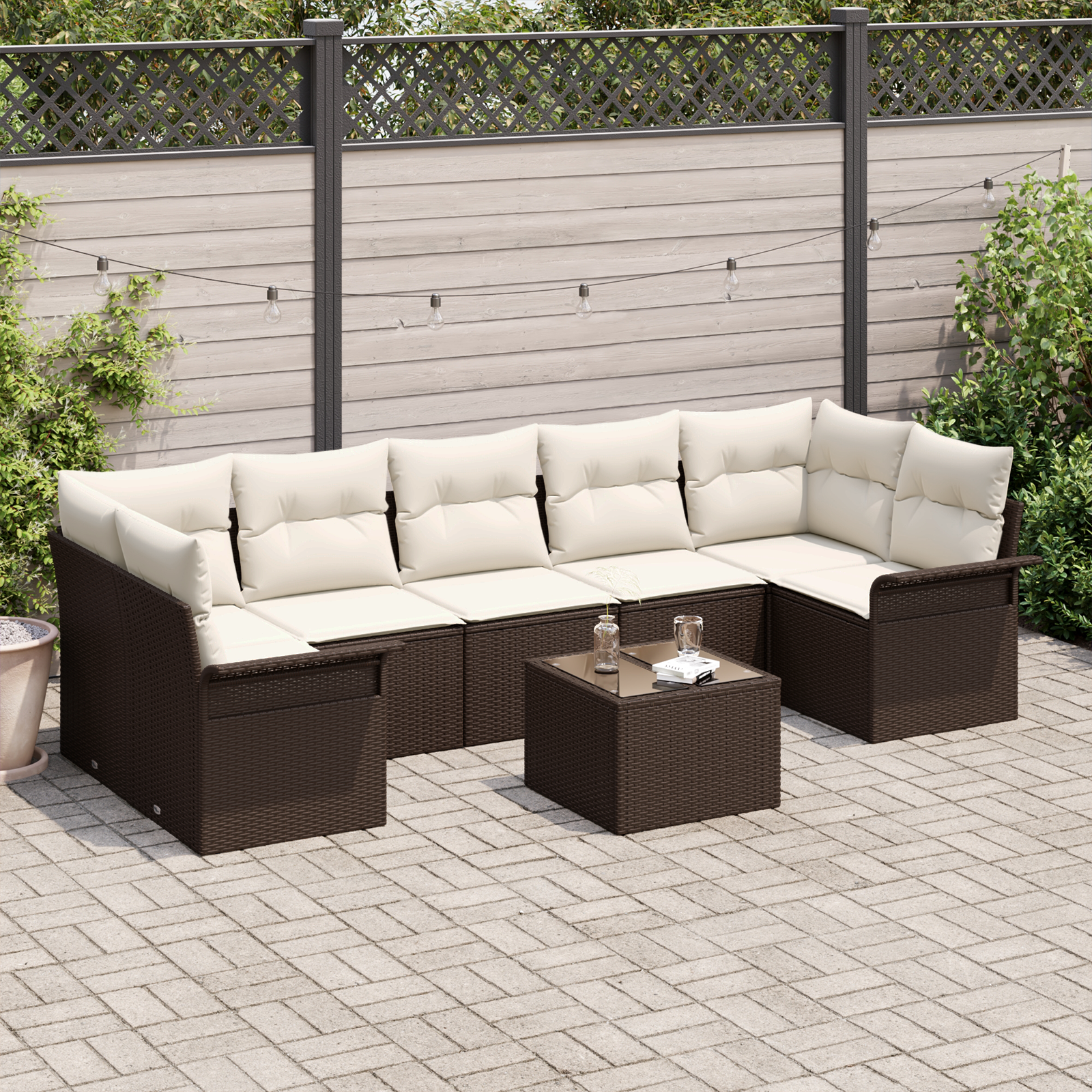 8-piece garden sofa set with cushions, brown poly rattan