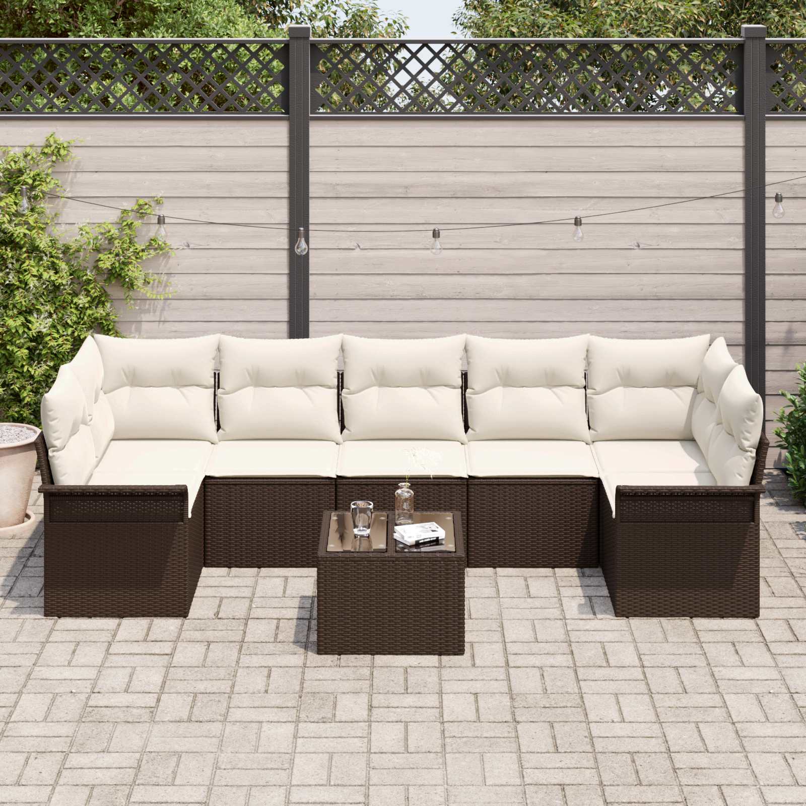 8-piece garden sofa set with cushions, brown poly rattan