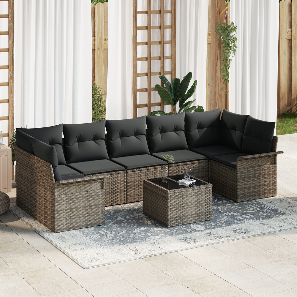 8-piece garden sofa set with cushions, grey poly rattan