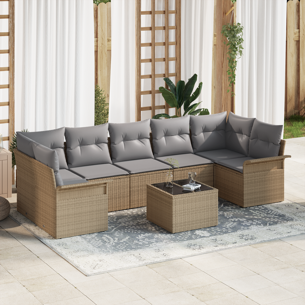 8 Piece Garden Sofa Set with Cushions, Sand-coloured, Poly Rattan.