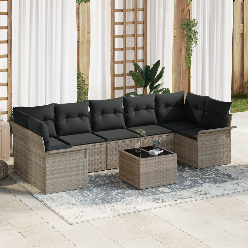 8-piece garden sofa set with cushions, light grey poly rattan