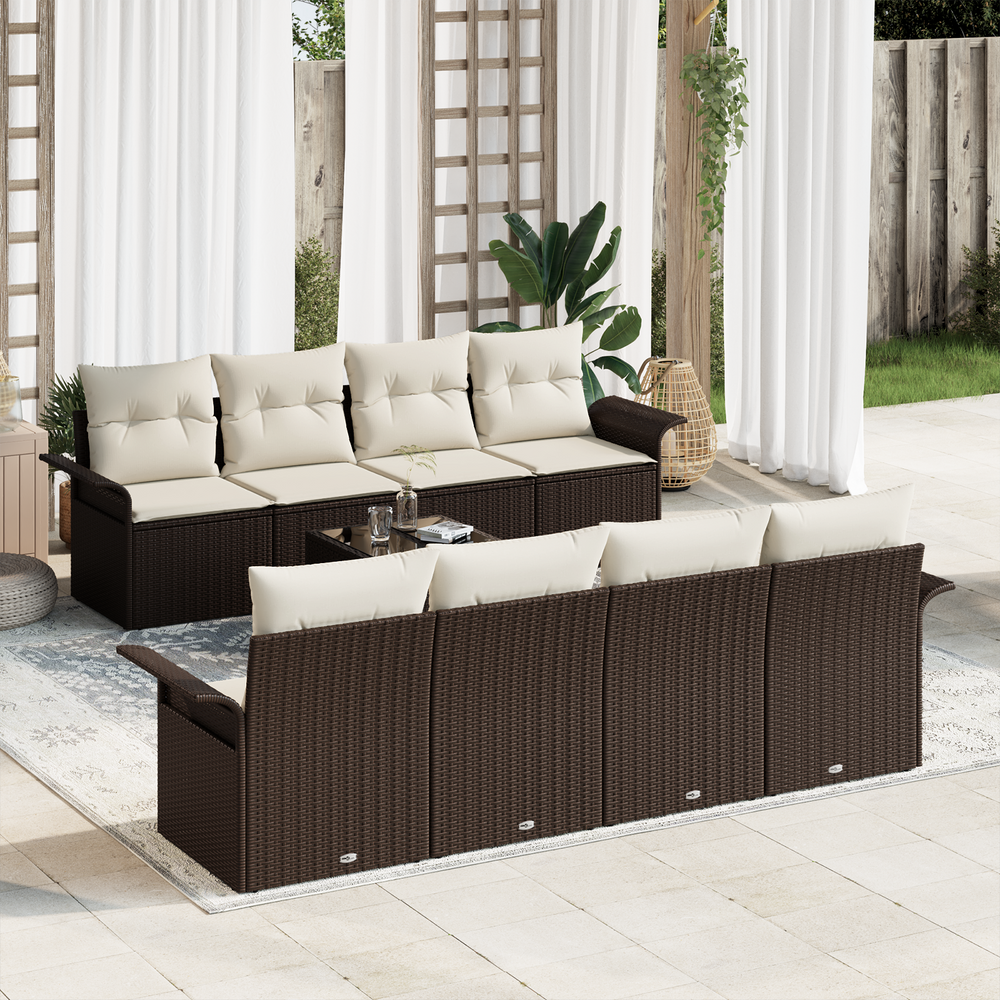 9-piece garden sofa set with cushions, brown poly rattan
