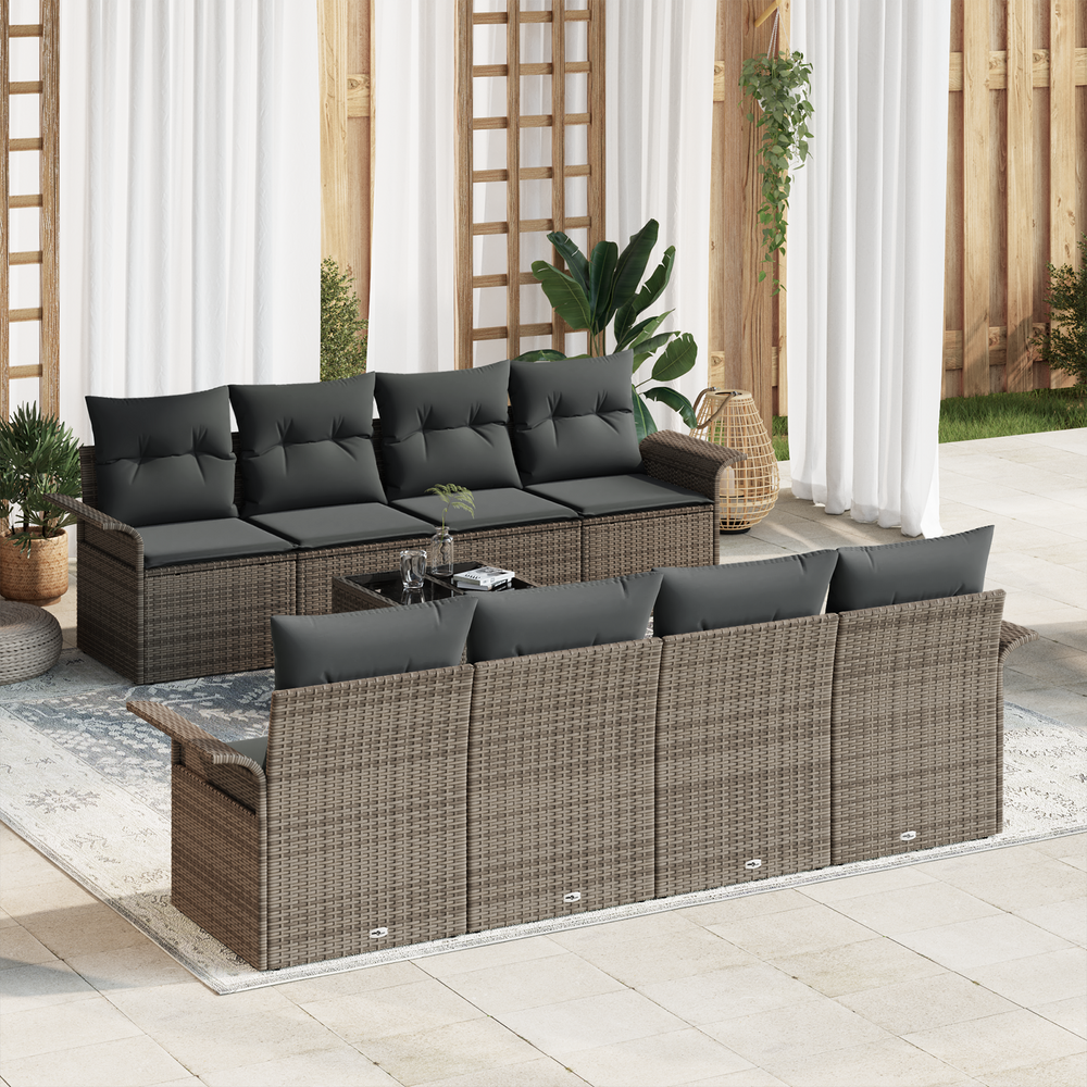 9-piece garden sofa set with cushions, grey poly rattan