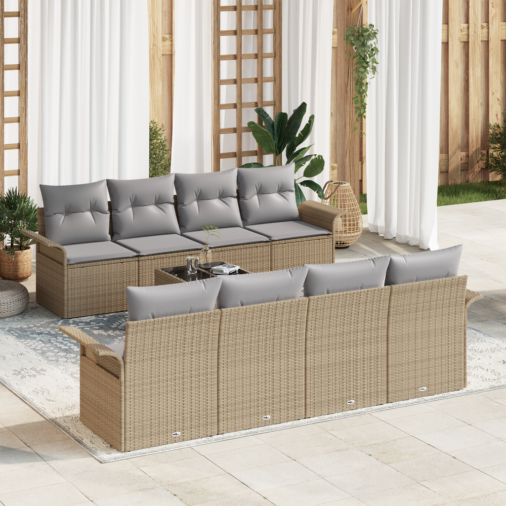 9-piece garden sofa set with cushions, sand-coloured, poly rattan