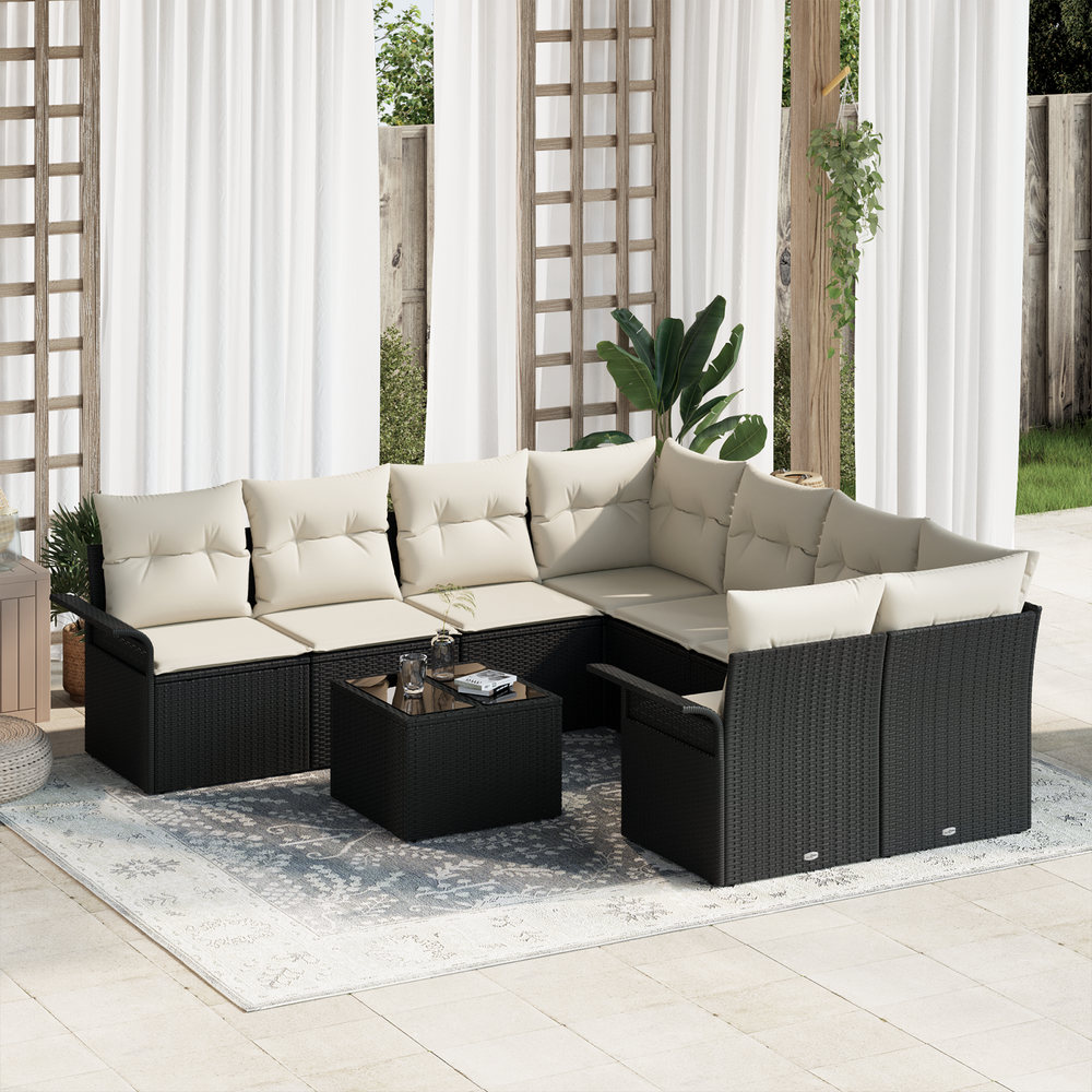 9-piece garden sofa set with cushions, black poly rattan