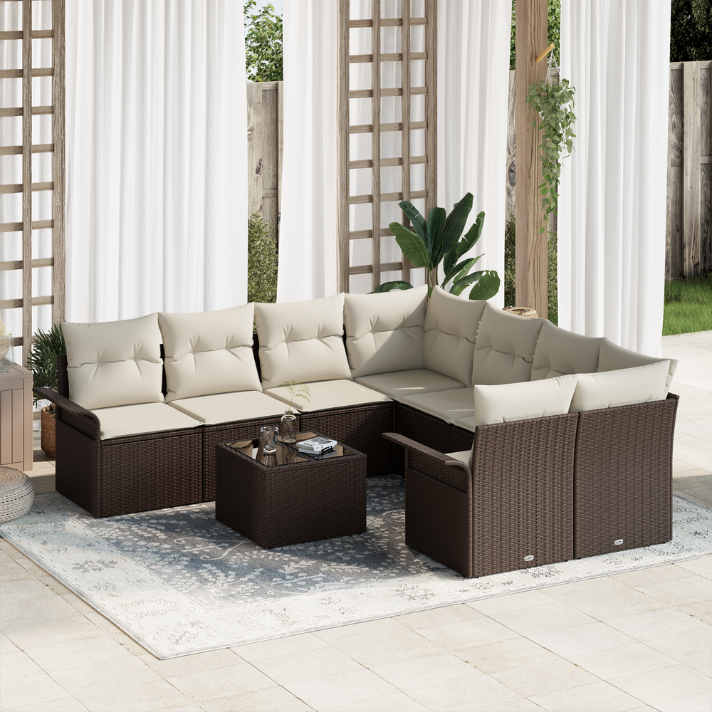 9-piece garden sofa set with cushions, brown poly rattan