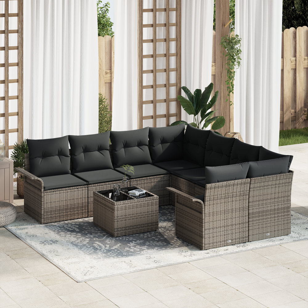9-piece garden sofa set with grey poly rattan cushions