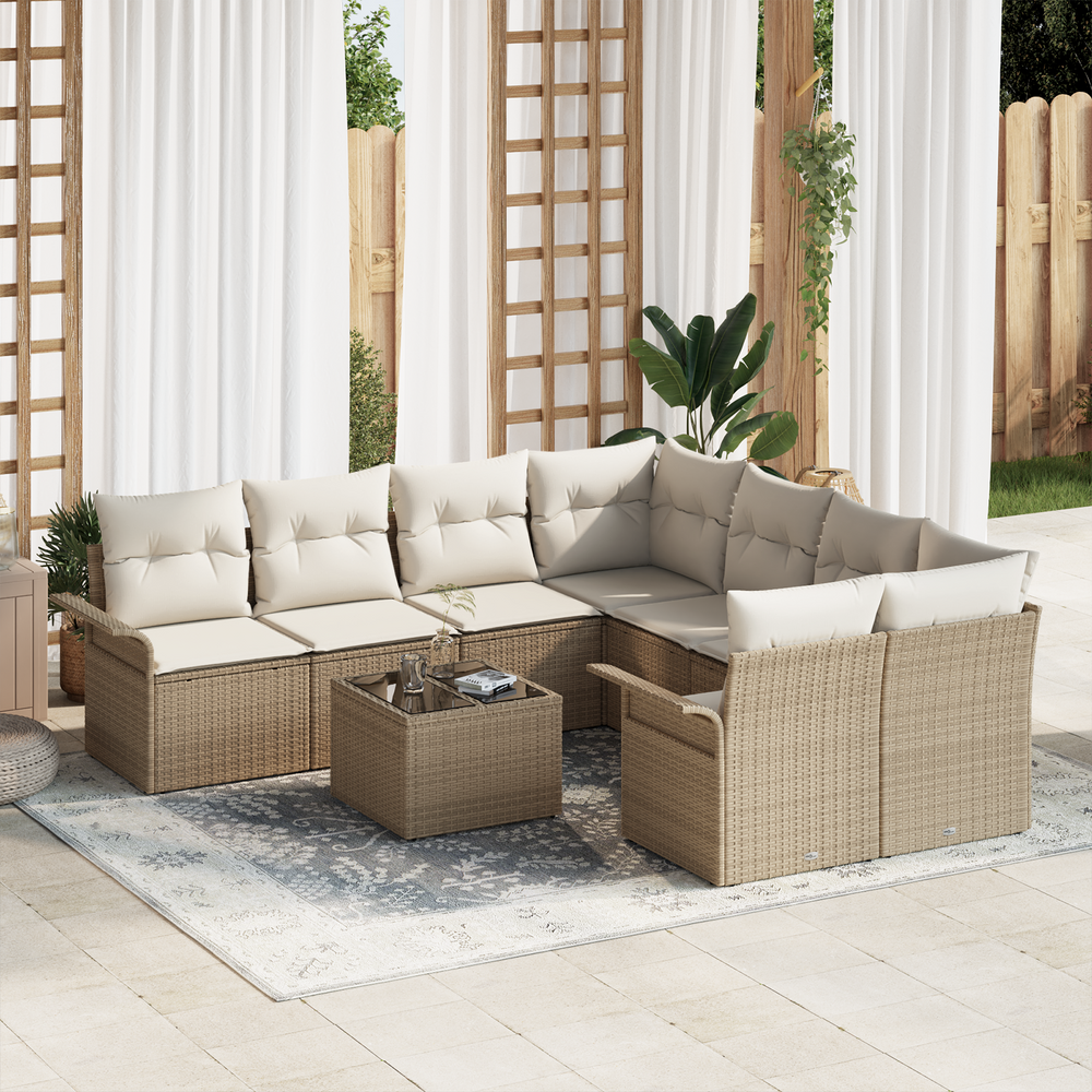 9-piece garden sofa set with cushions, light beige, poly rattan.