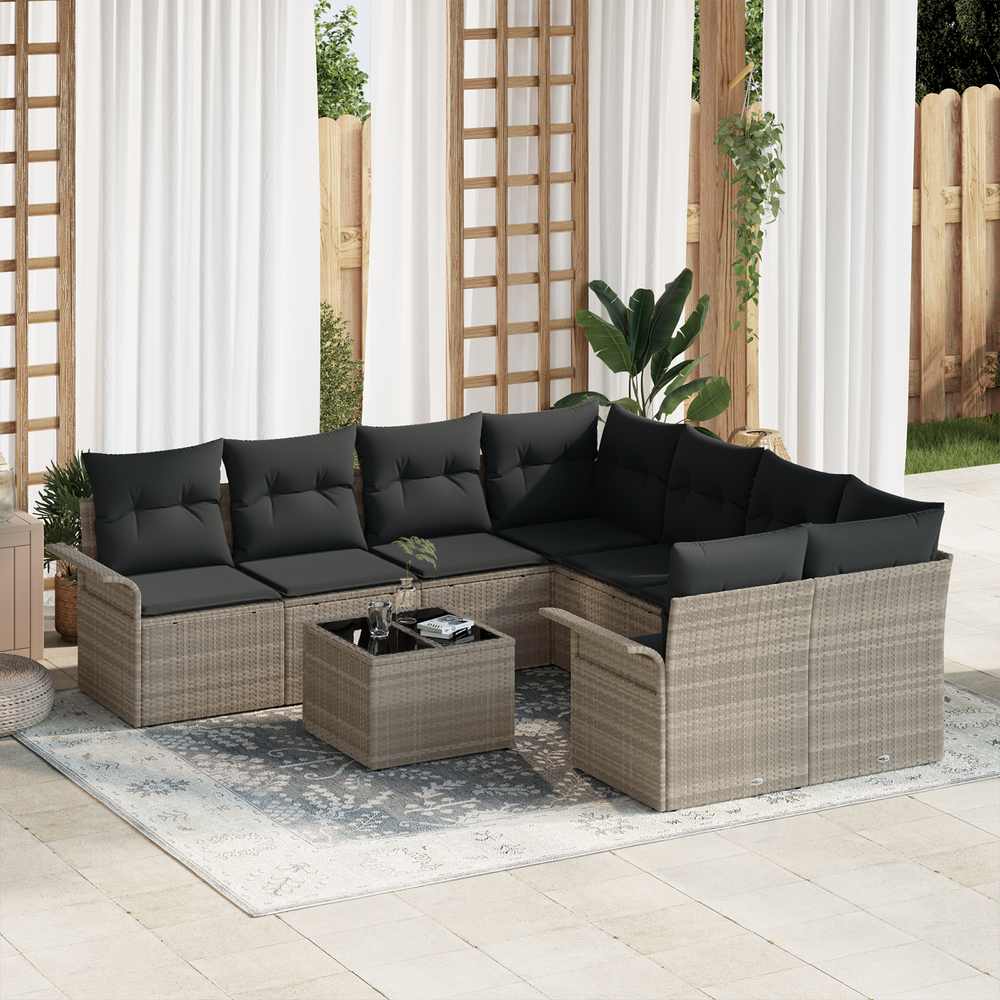 9-piece garden sofa set with cushions light grey poly rattan