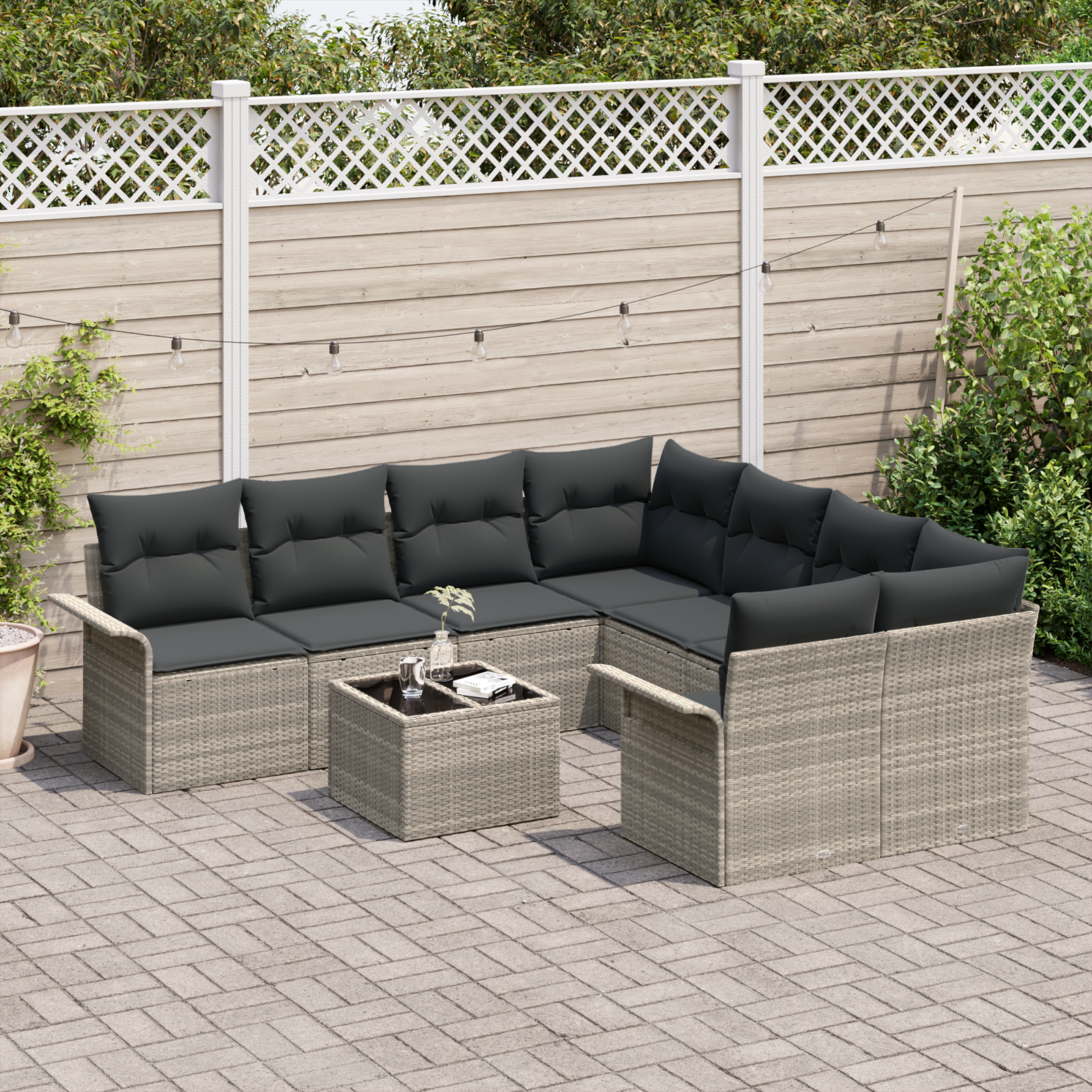 9 dalių sodo sofa rinkinys su pagalvėm šviesiai pilkame poliratanė
