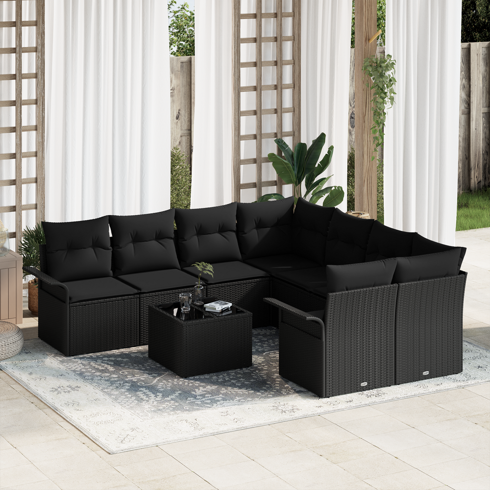 9-piece Garden Sofa Set with Cushions Black Poly Rattan