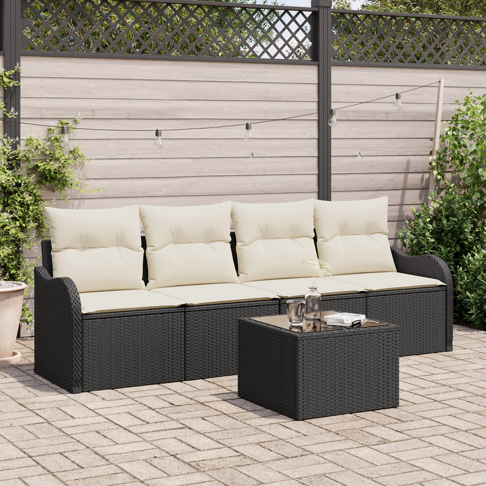 5 Piece Garden Sofa Set with Cushions Black Poly Rattan