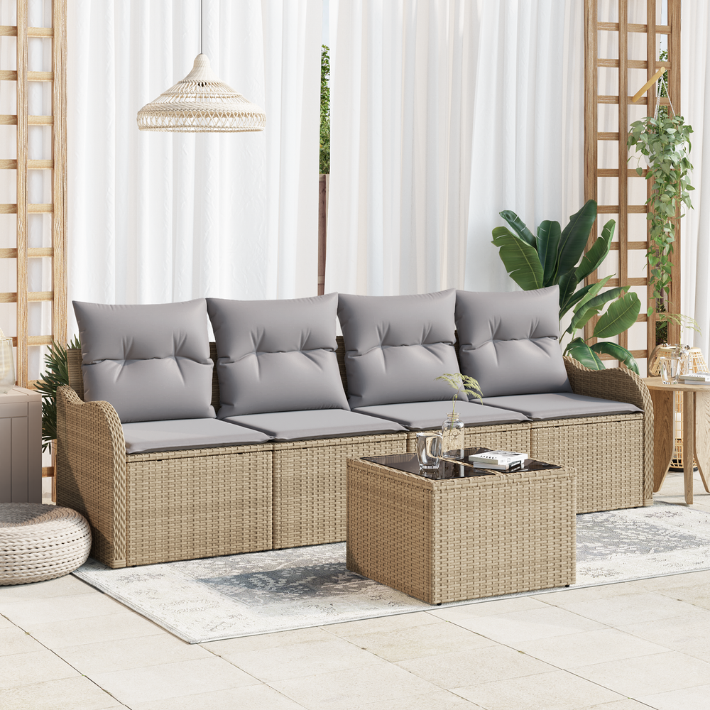 5-piece garden sofa set with cushions, sand-colored poly rattan
