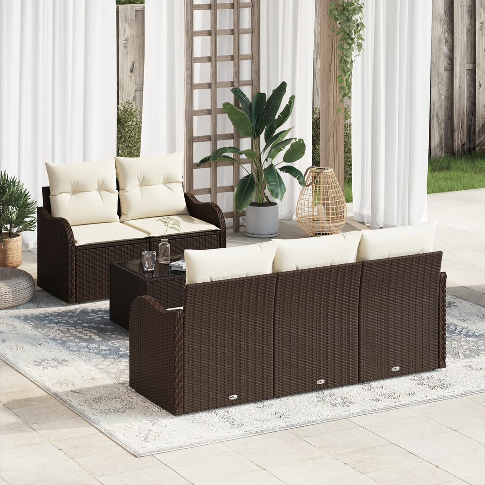 6 Piece Garden Sofa Set with Brown Poly Rattan Cushions