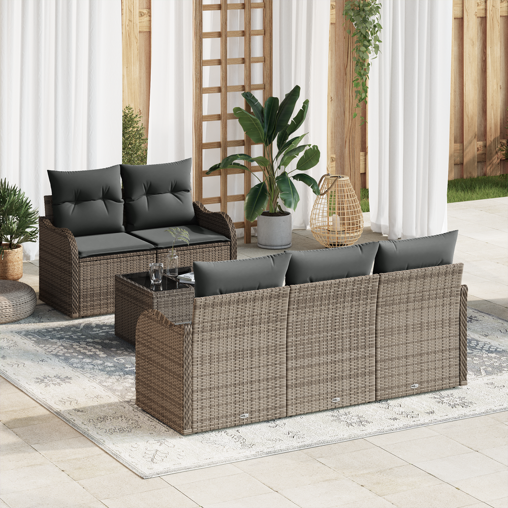 6-piece sofa set with cushions grey poly rattan