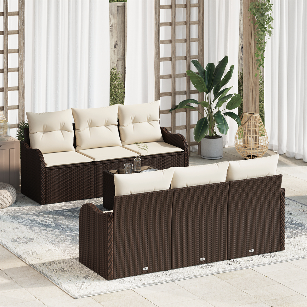 7-piece garden sofa set with cushions, brown poly rattan.