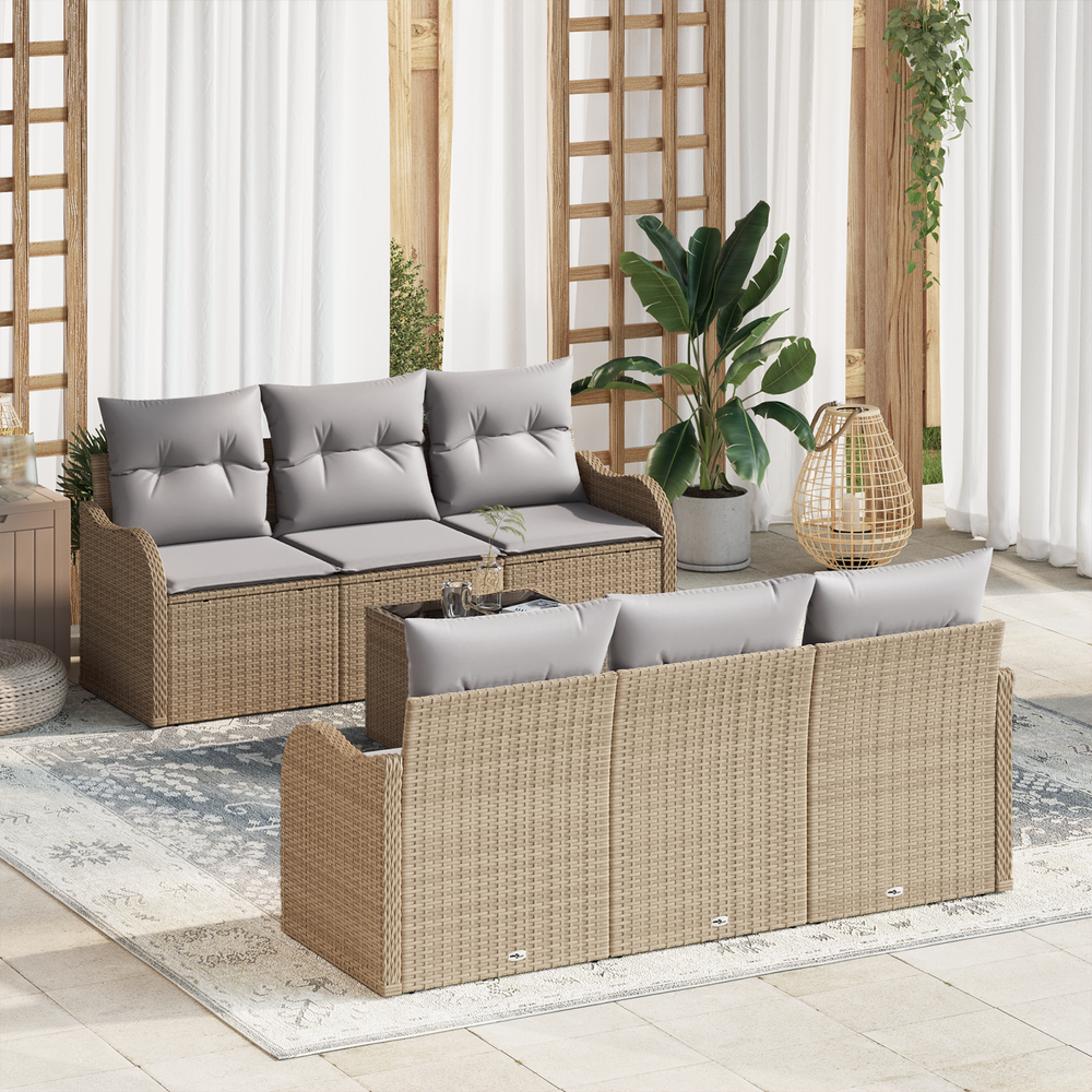 7-piece garden sofa set with cushions, beige poly rattan
