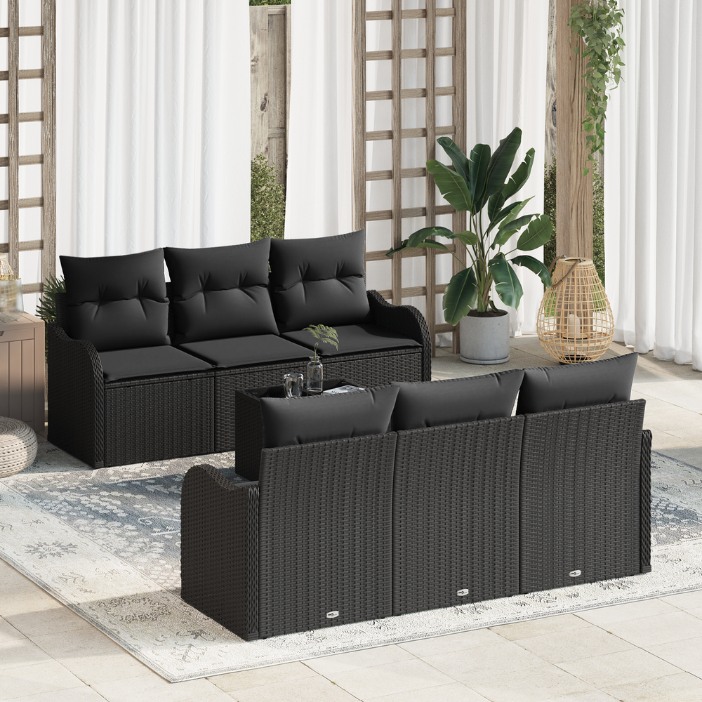 7-piece garden sofa set with cushions, black poly rattan