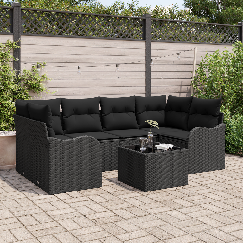 7-piece garden sofa set with cushions in black rattan