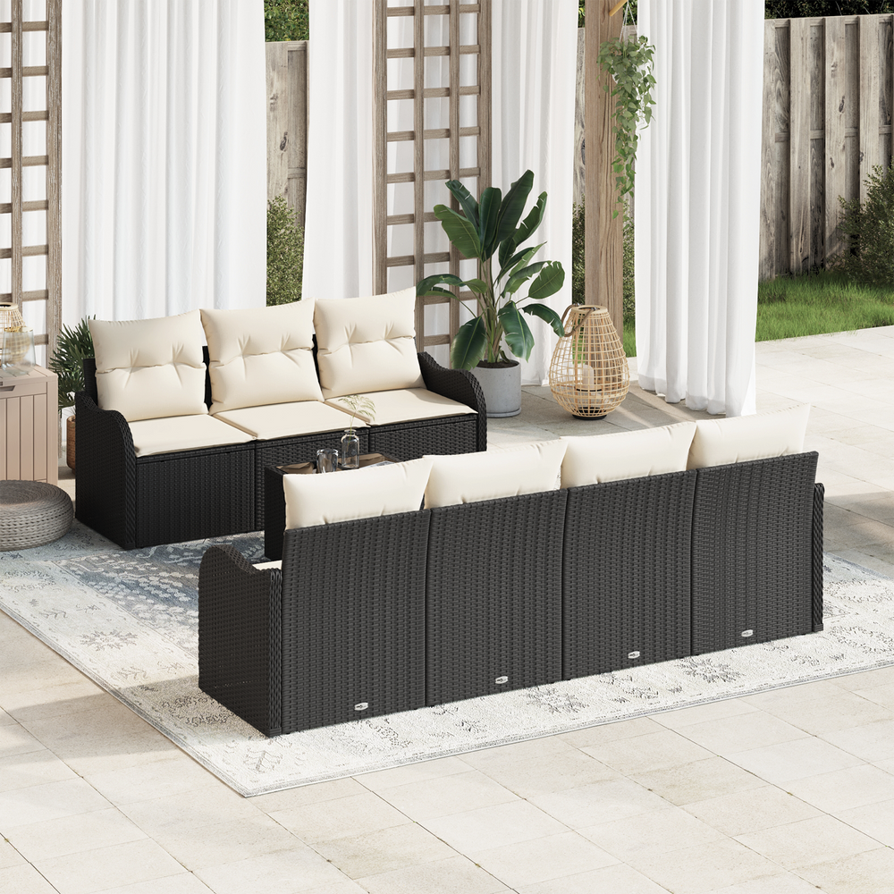 8-piece garden sofa set with cushions, black poly rattan