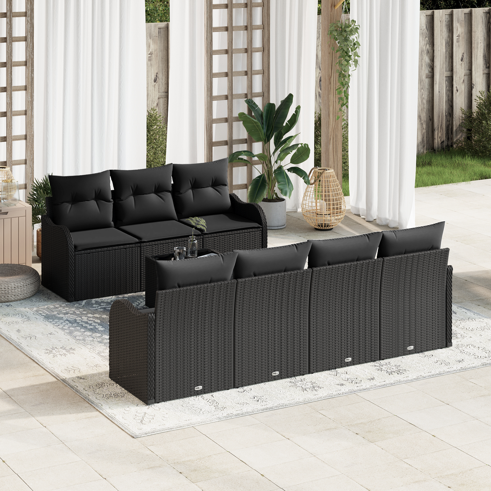 8 dalių sodo sofa su juodomis pagalvėmis, pagaminta iš poli ratanas