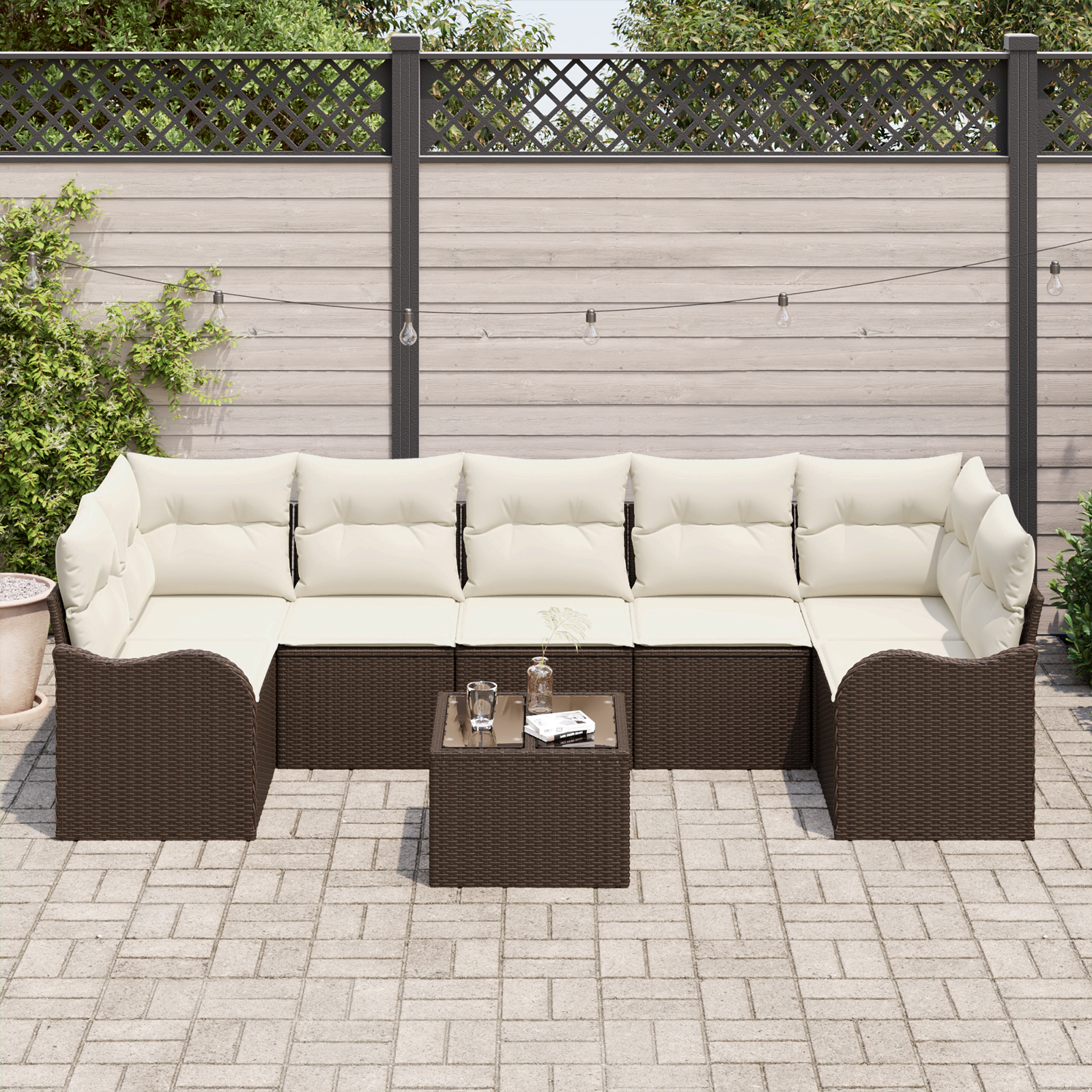 8-piece garden sofa set with brown cushions, made of synthetic rattan