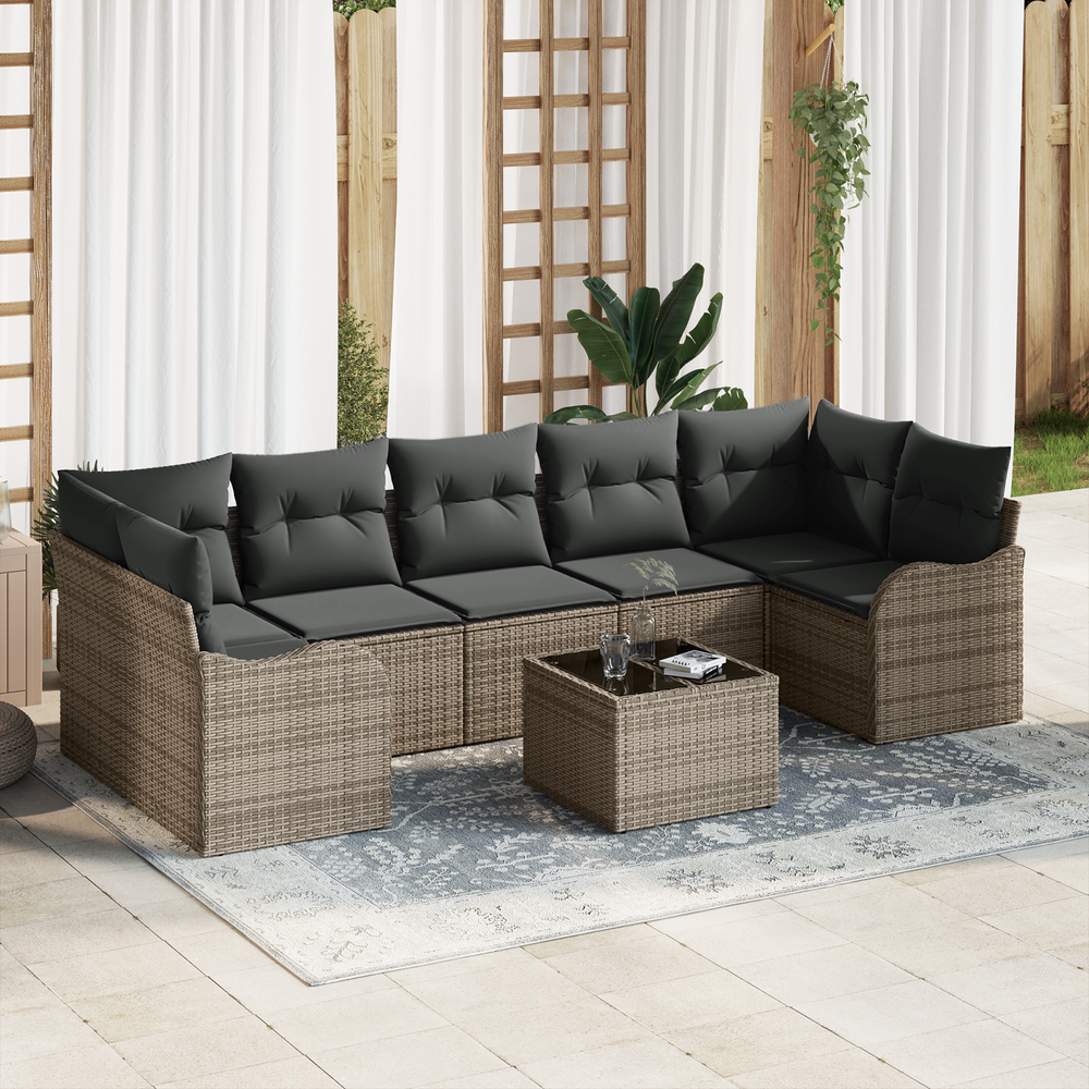 8-piece garden sofa set with cushions, grey poly rattan