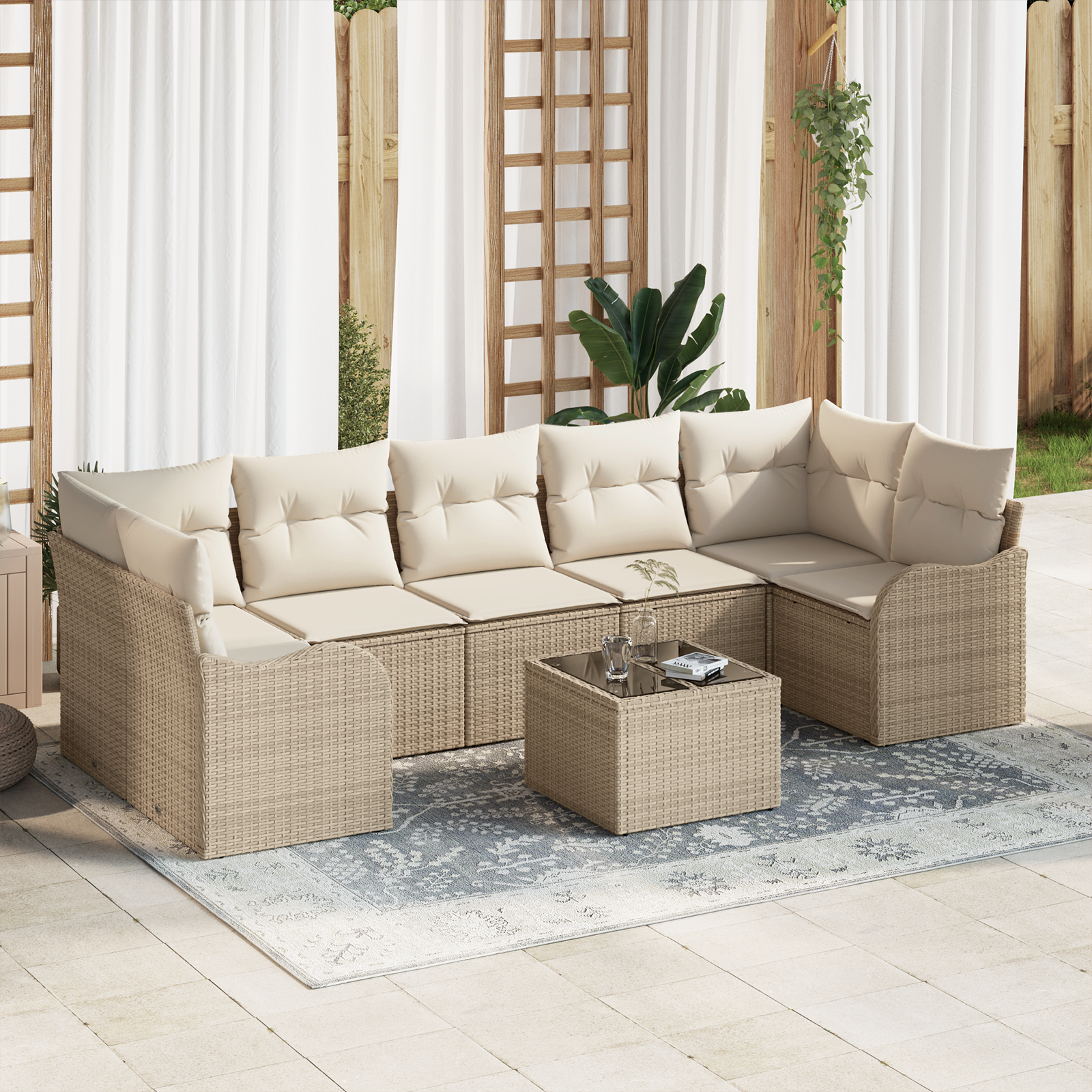 Dārza dīvānu komplekts ar spilveniem, 8 daļas, bēšs un krēmkrāsas