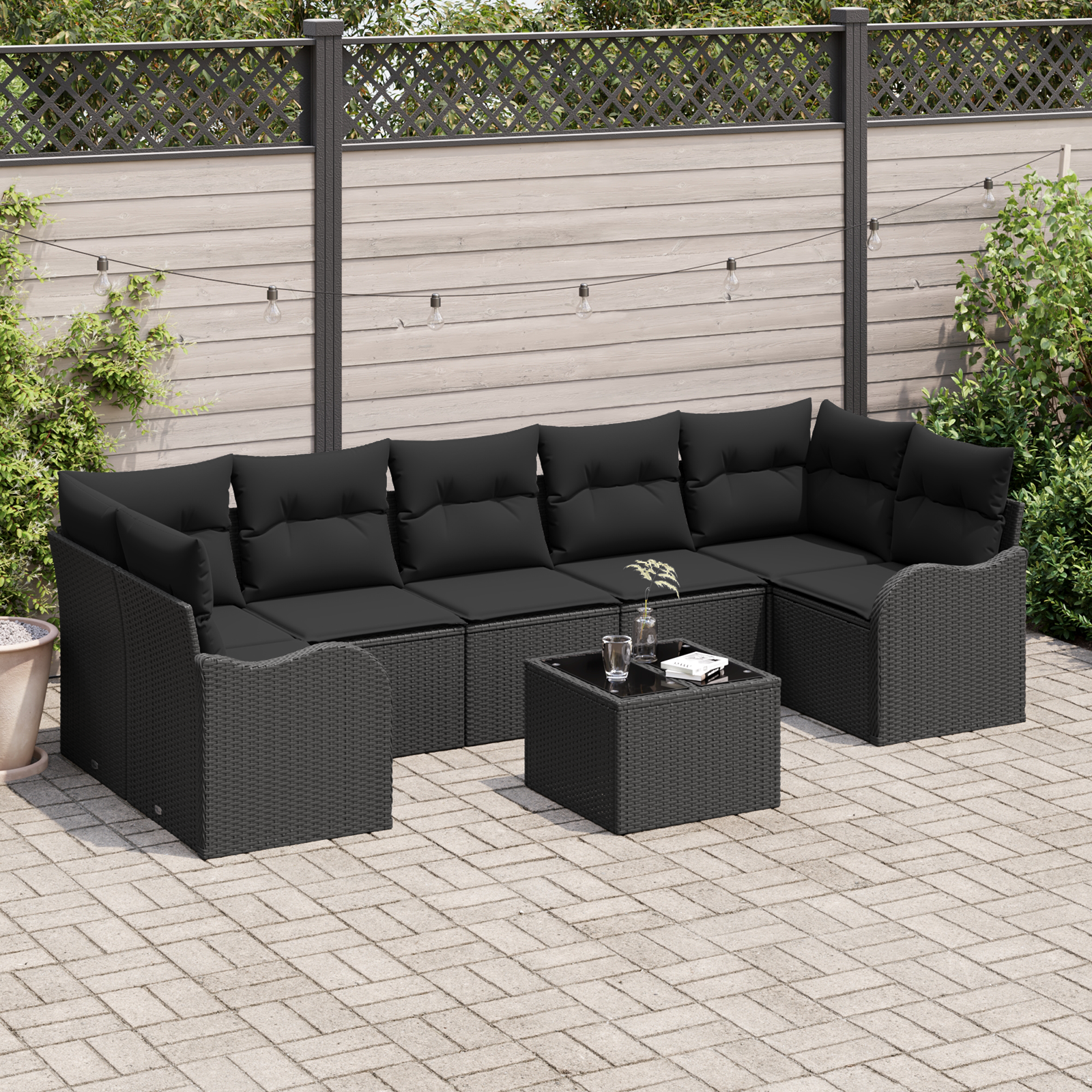 8 dalių sodų sofas su pagalvėlėmis juodom poli ratanom