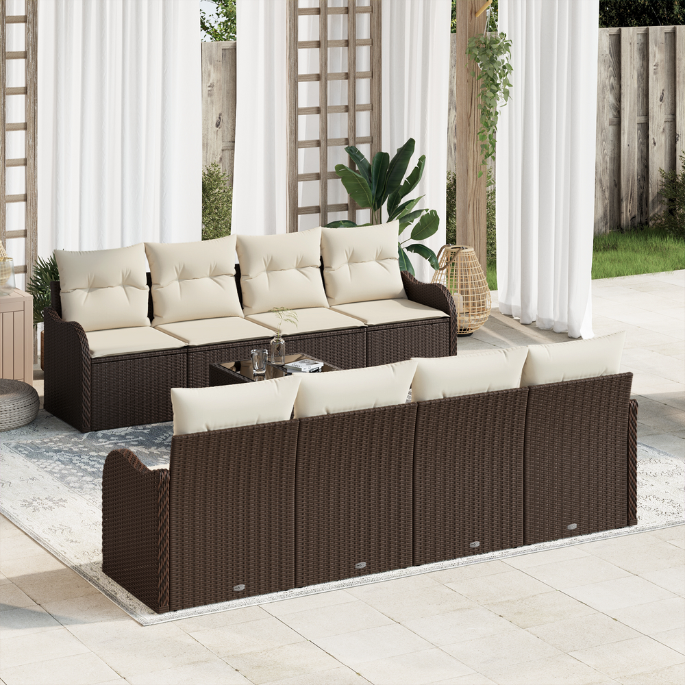 9-piece garden sofa set with cushions, brown poly rattan